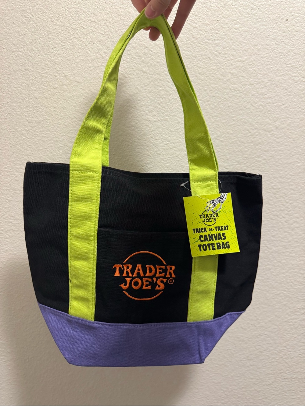 Trader Joe's Black Canvas Tote with Lime Handles and Purple Base